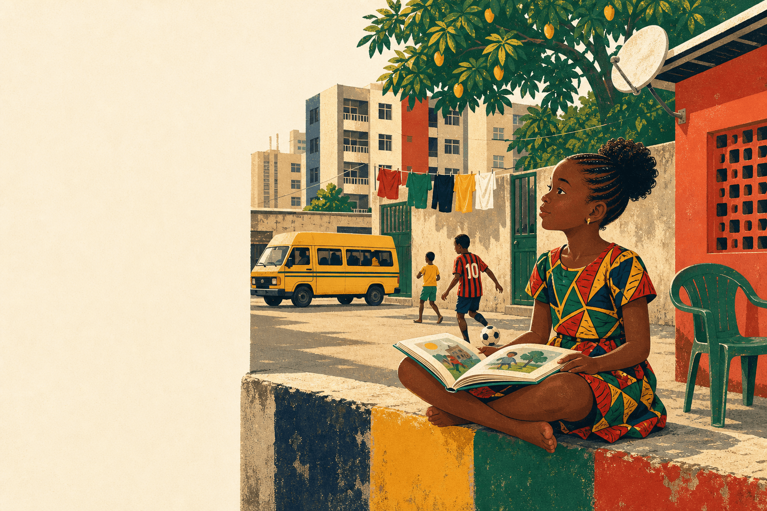 Une fillette lit un livre illustré, assise sur un muret peint, dans une rue d'Abidjan en fin d'après-midi.